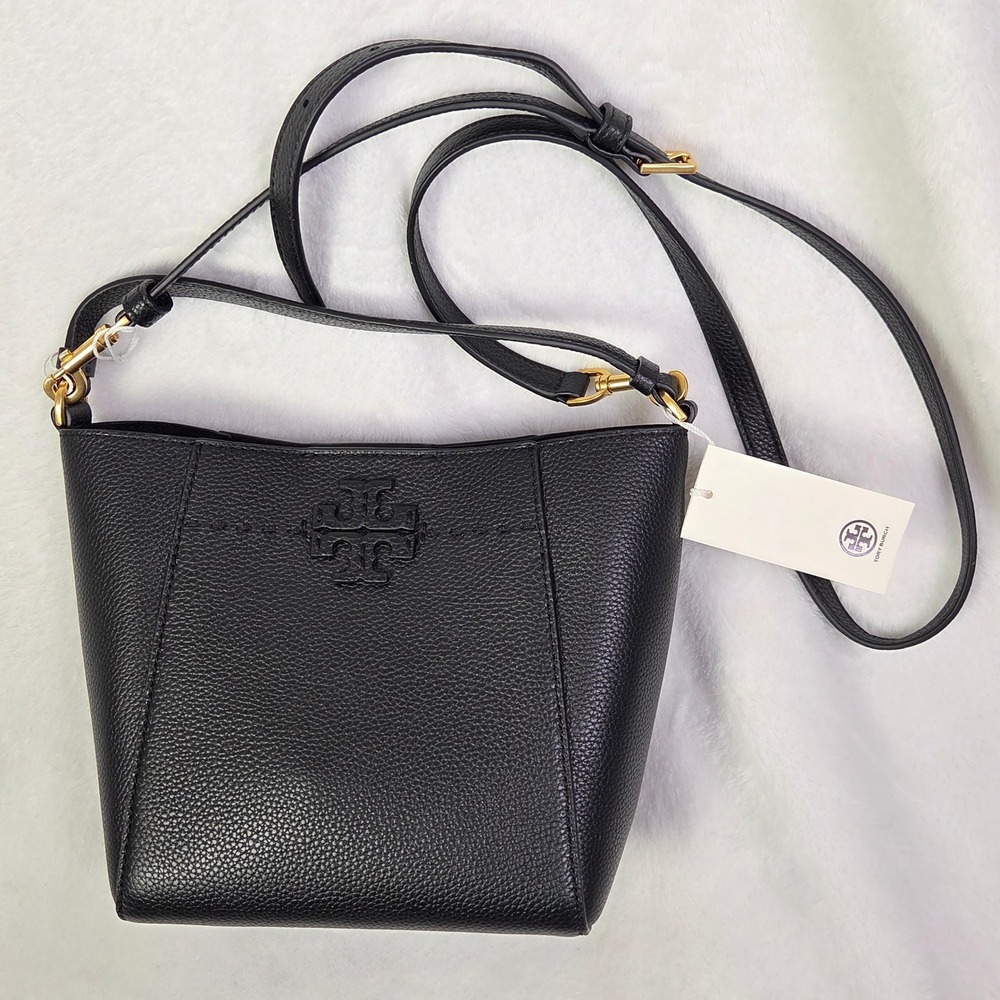 Tory Burch McGraw Small Bucket Bag Black Leather Crossbody 74956 001 NWT
